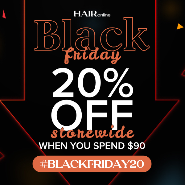 Black Friday promotional banner with 20% off storewide offer on a dark background.