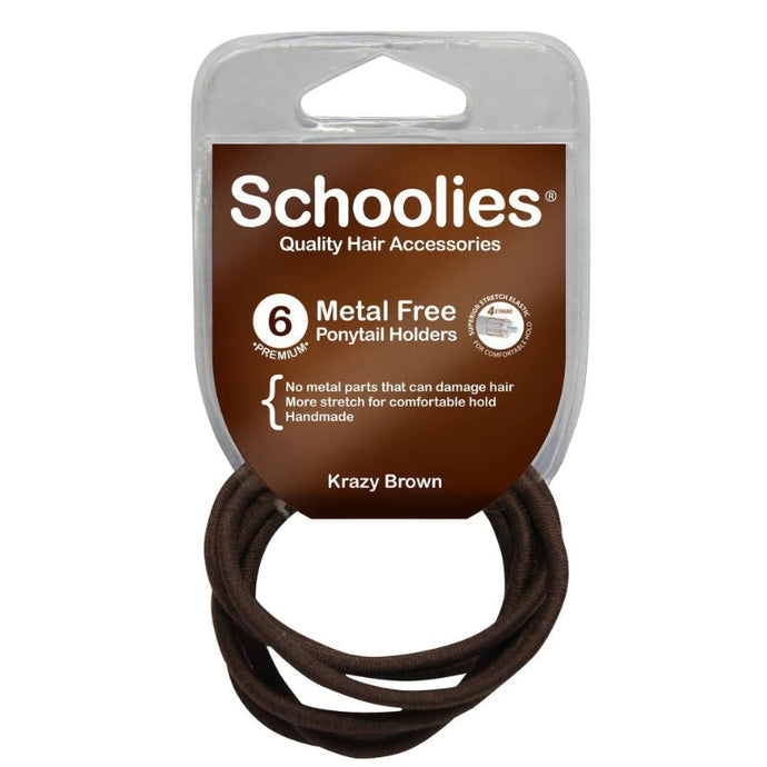 Schoolies Metal Free Ponytail Holders 6 pieces - Krazy Brown