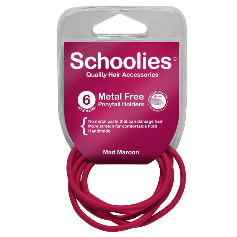 Schoolies Metal Free Ponytail Holders 6 pieces - Mad Maroon